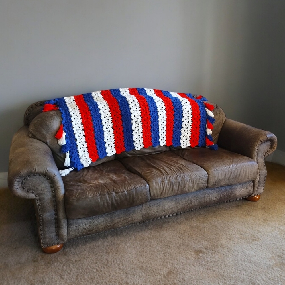 Vintage Crocheted Afghan Boho Blanket Red White Blue USA PBR 70s Hippie Throw